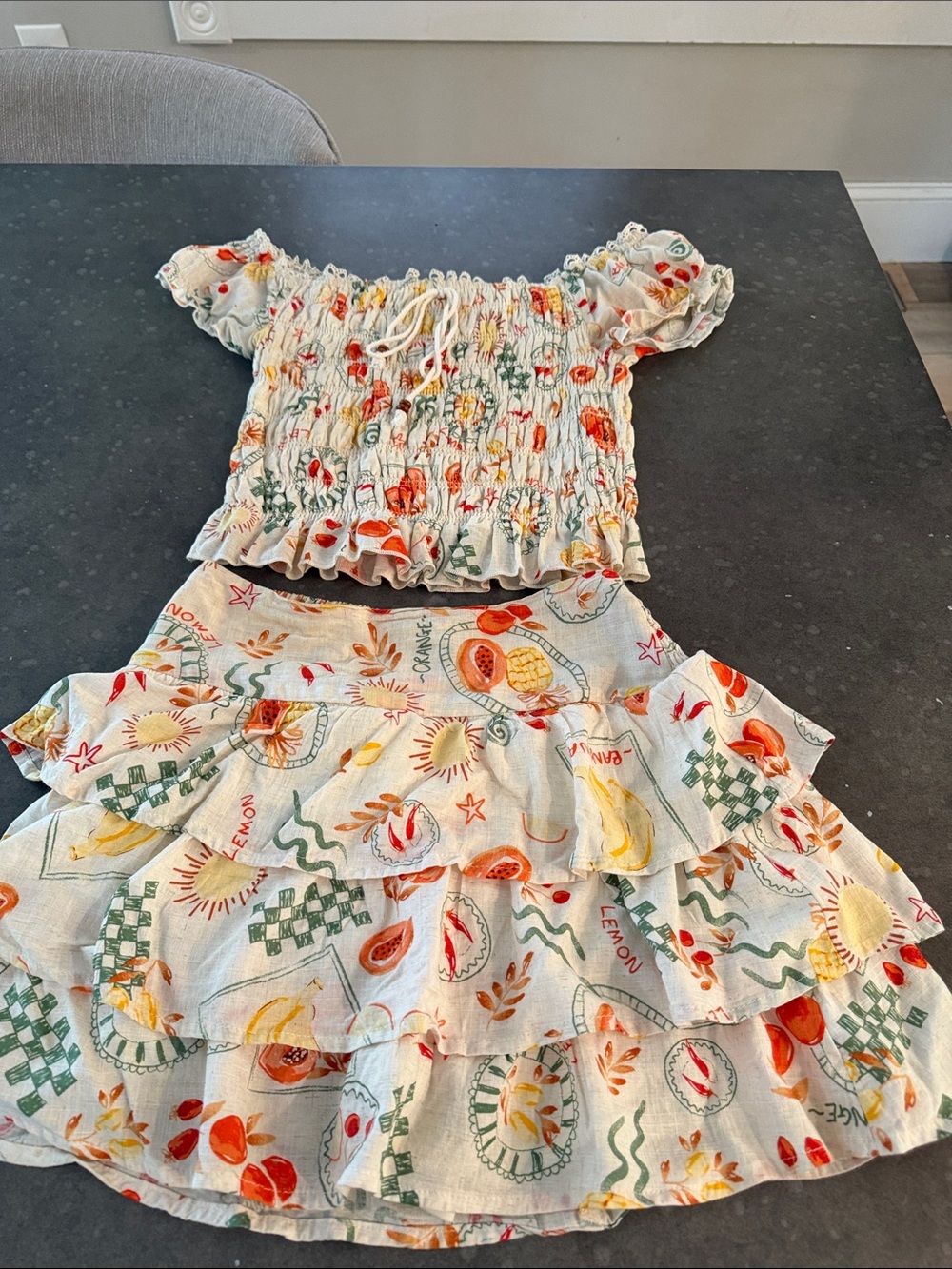 Cream Fruit-Print Smocked Mini Skirt — Women’s Ruffle Tiered Skirt/and top